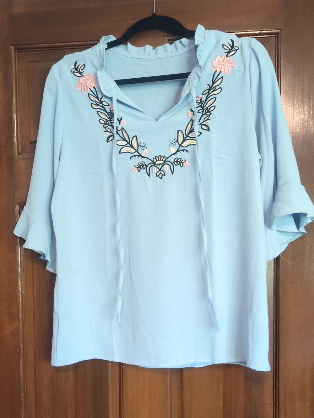 Amazon Light Blue Embroidered V-Neck Peasant Blouse